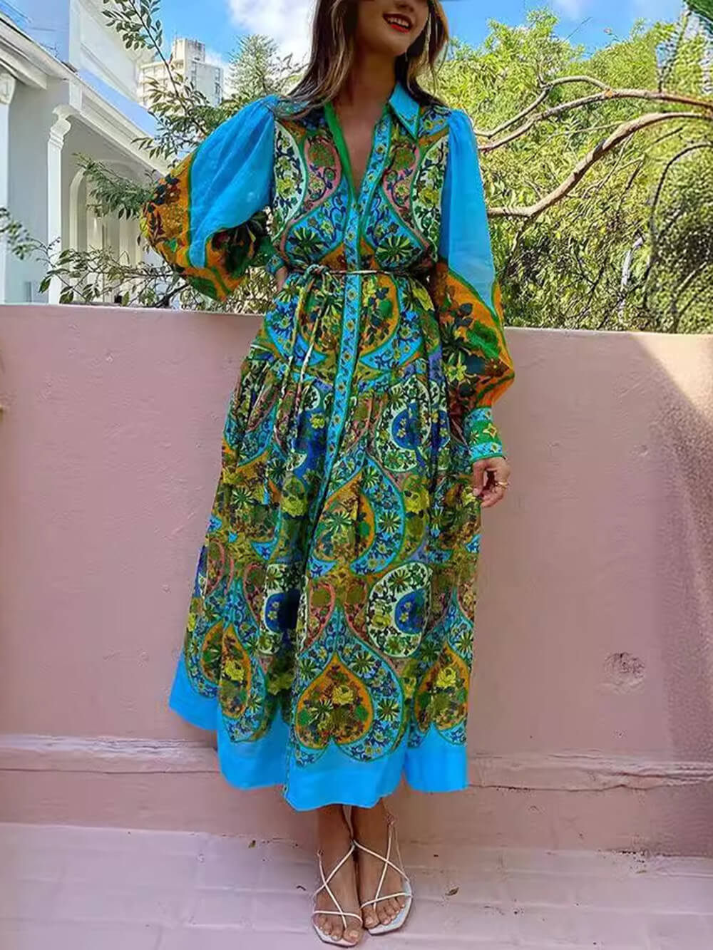 Ethnisch bedruckter Cardigan mit Schnürung und Revers, langärmeliges Kleid