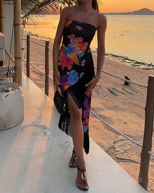 Elegante vakantiejurk met print en franjes