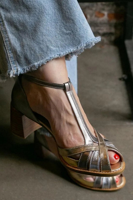 Comfortable Metallic Criss Cross T-strap Buckle Peep Toe Gold Chunky Heels