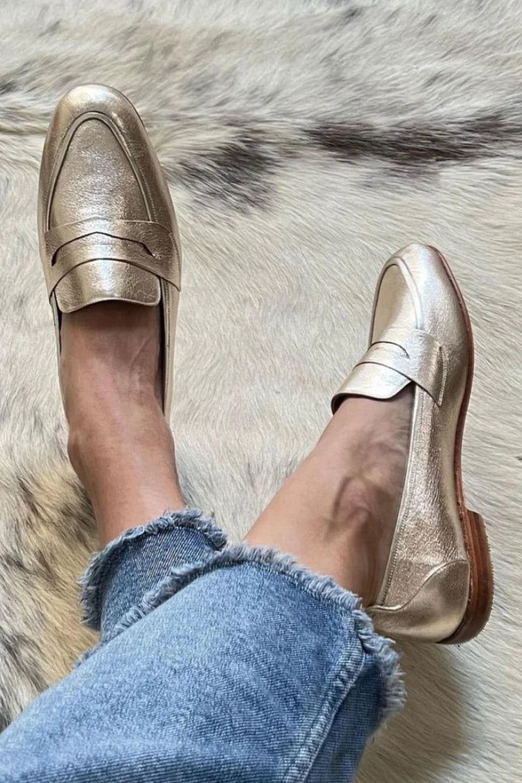 Patchwork, runde Zehenpartie, metallischer Glanz, goldene Loafers  