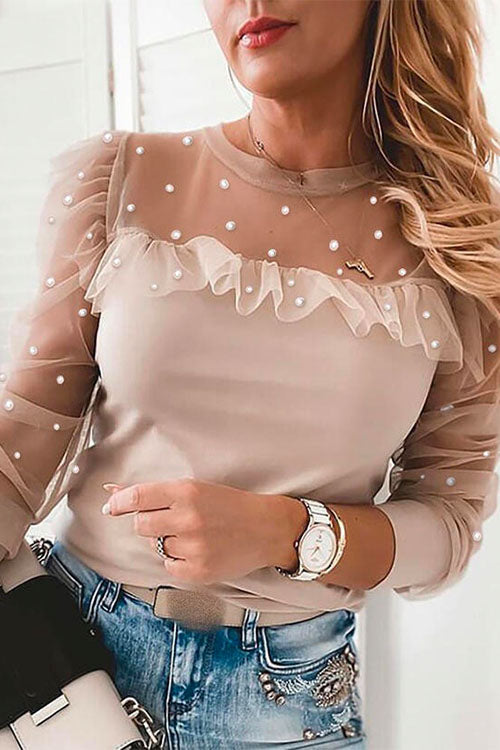 Top in Chiffon con Scollo Rotondo, Maniche a Sbuffo e Inserti in Pizzo