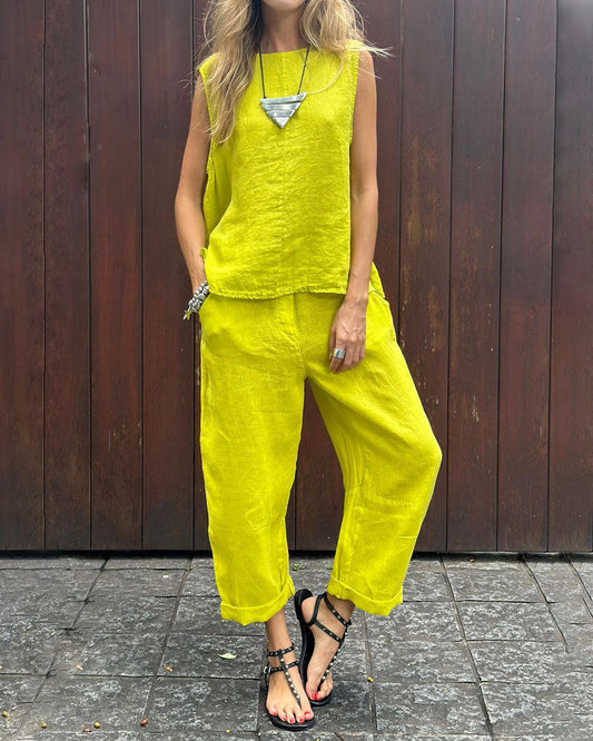 Casual effen mouwloze vest & broek katoen linnen tweedelig set