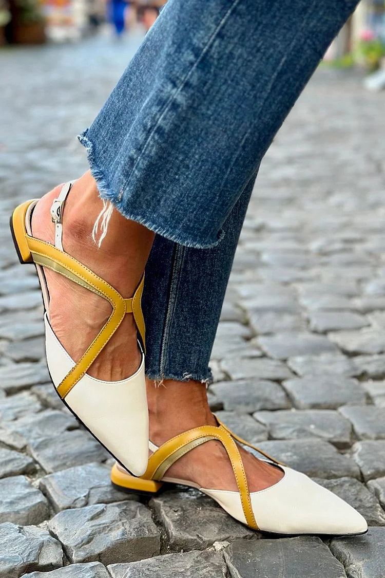 Slingback Riemen Schnalle farblich passende spitze Zehen weiße flache Schuhe