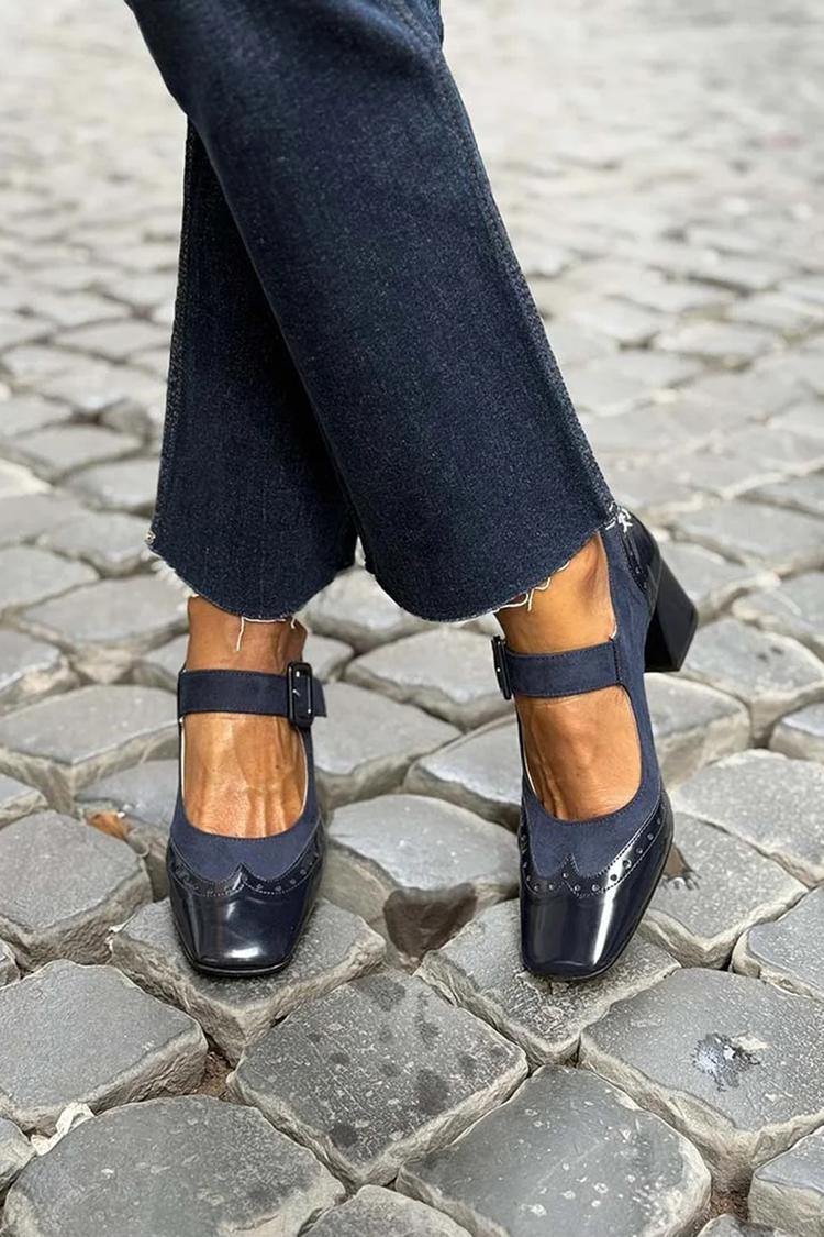 Patchwork Square Toe Instep Strap Buckle Low Heels