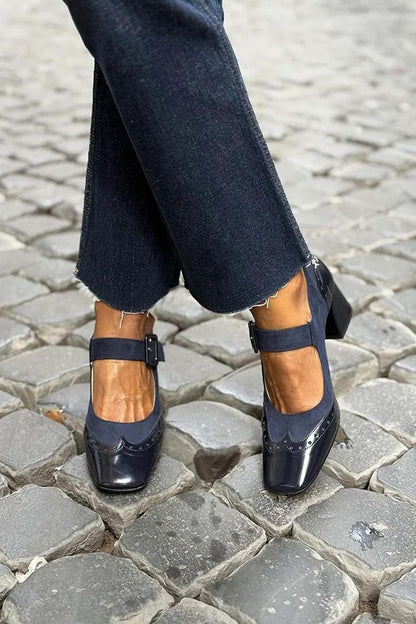 Patchwork Square Toe Instep Strap Buckle Low Heels
