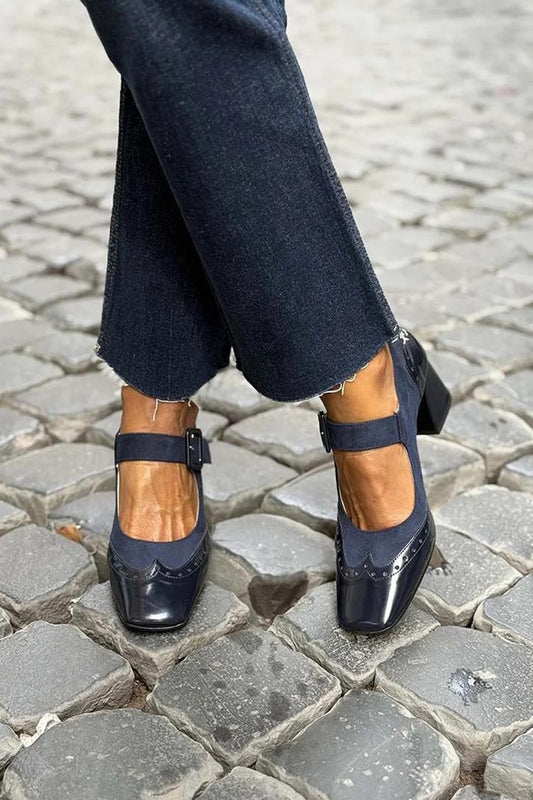 Patchwork Square Toe Instep Strap Buckle Low Heels