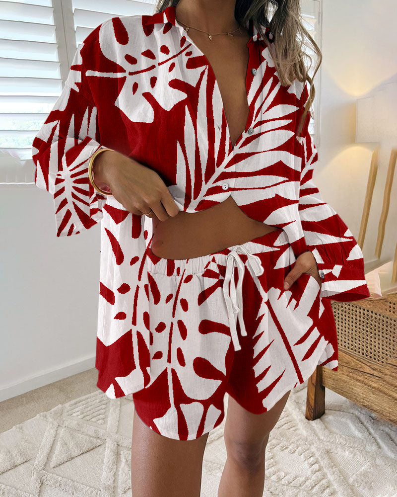 Set due pezzi casual con stampa di foglie a contrasto