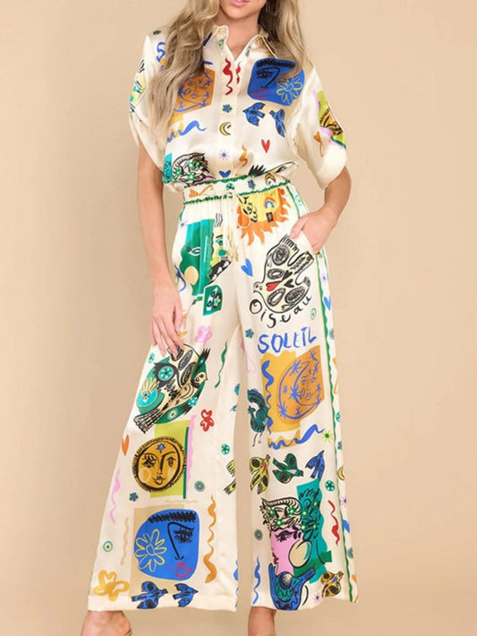 Casual losse satijnen set met graffiti print