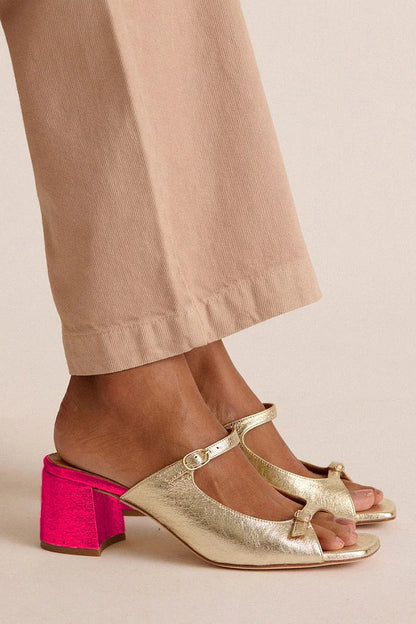 Open Cut Out Colorblock Toe Slingback Gold Chunky Heels