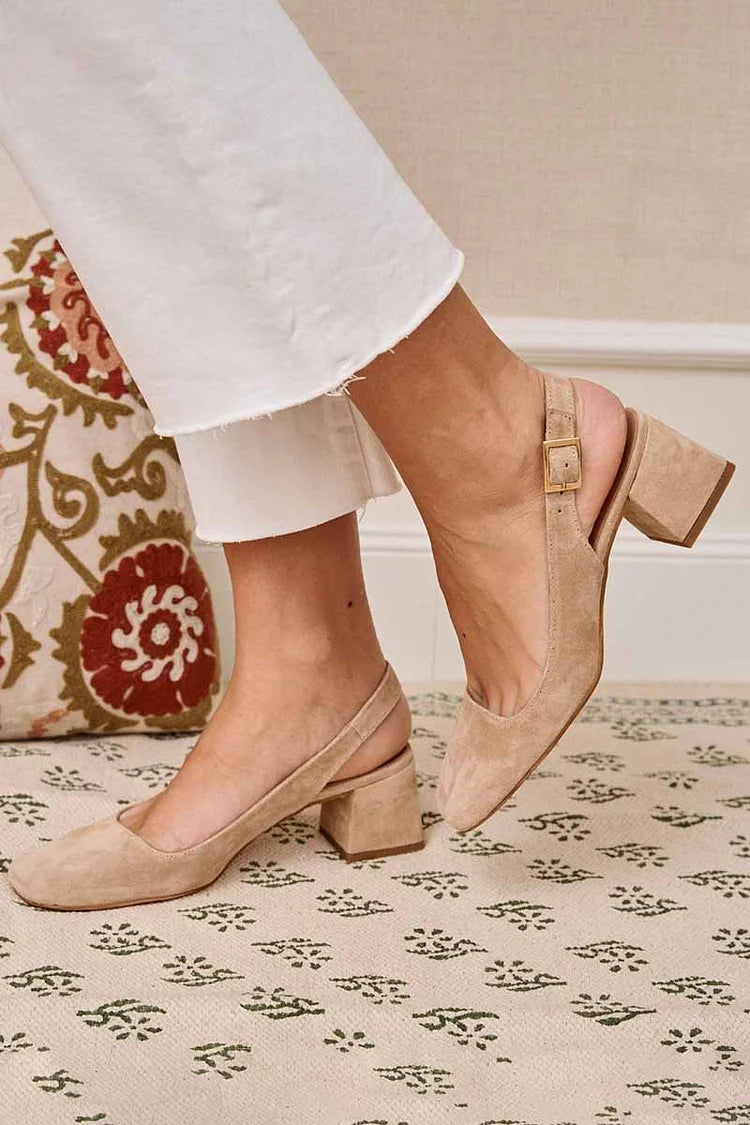Stylish Plain Square Toe Slingback Strap Buckle Chunky Khaki Heels