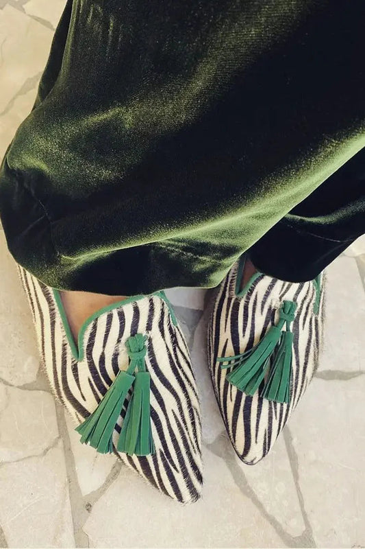 Zebrastrip Contrastkleur Kwastjes Puntige Teen Casual Ballerina’s  
