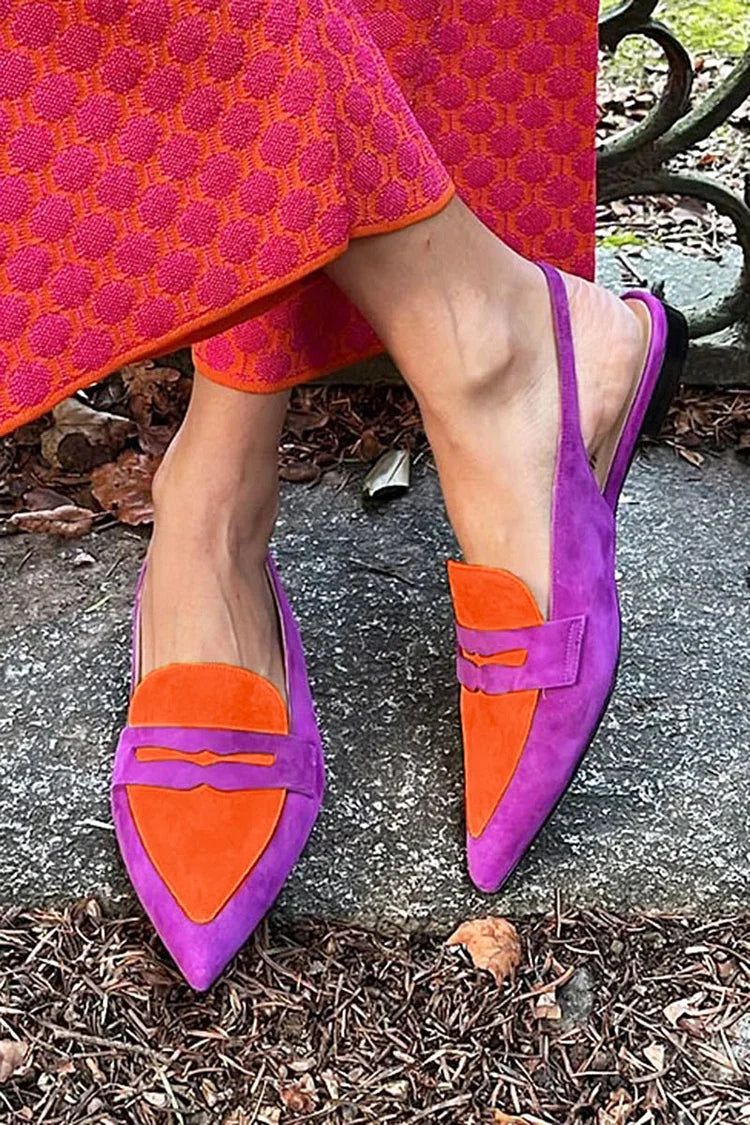 Sapatilhas Roxas com Bico Apontado, Estampa Patchwork e Tira Slingback Colorblock