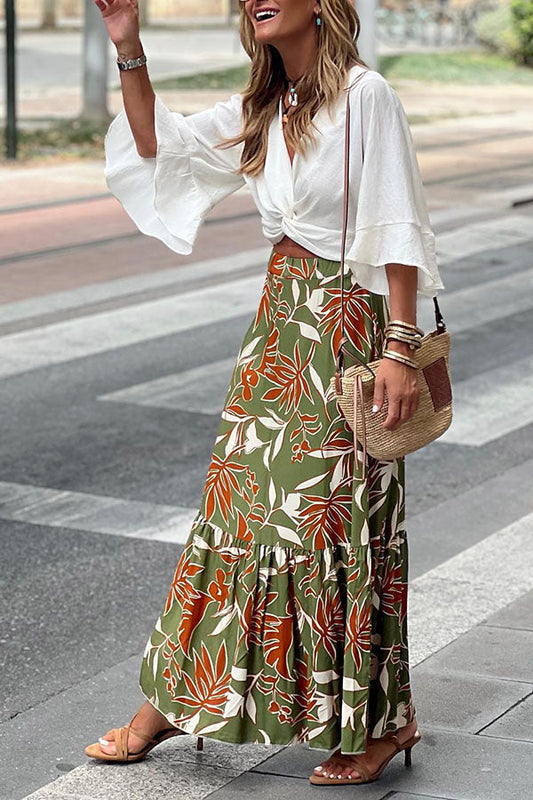 Bloemen- en bladerenpatroon retro geplooide rok