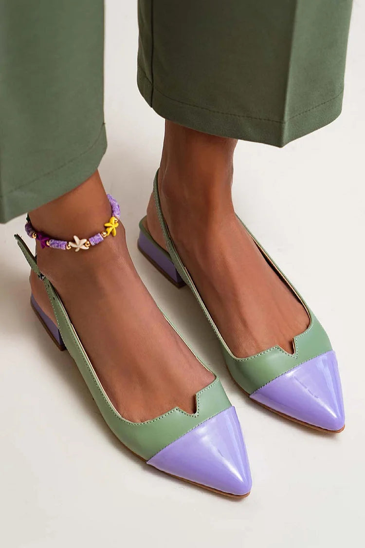Zapatos planos destalonados con puntera en punta, tiras con hebillas y bloques de color con aberturas
