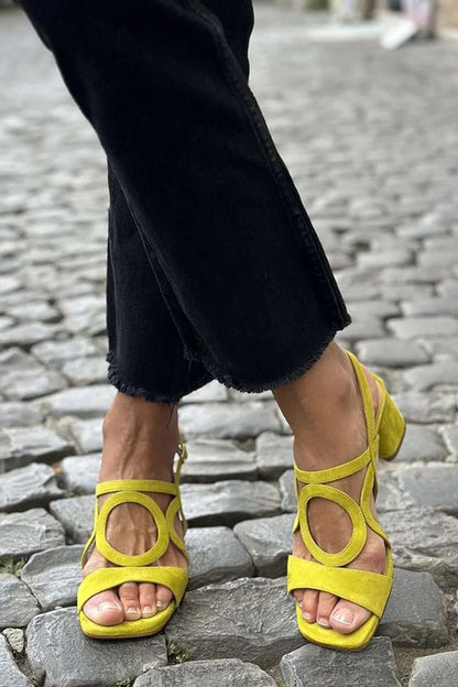 Square Toe Round Cut Out Slingback Strap Yellow Sandals Heels