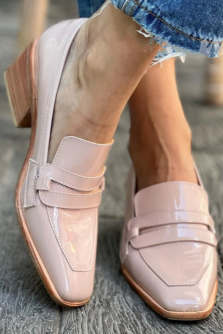 Square Toe Pink Leather Patent Chunky Loafers Heels