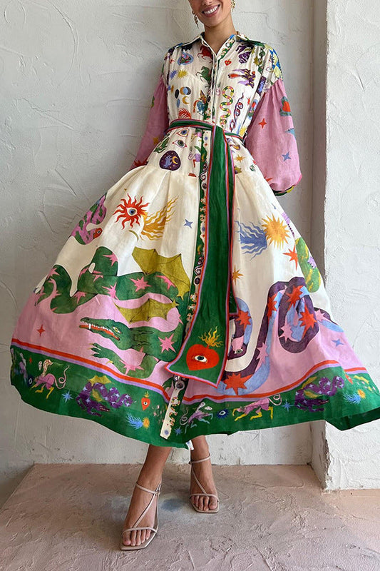 Retro Franse hofstijl geplooide maxi-jurk met print  