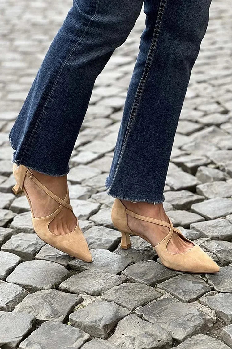 Cross Strap Buckle Solid Color Pointed Toe Khaki Low Heels