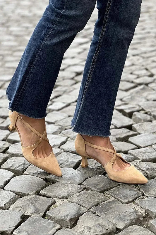Cross Strap Buckle Solid Color Pointed Toe Khaki Low Heels
