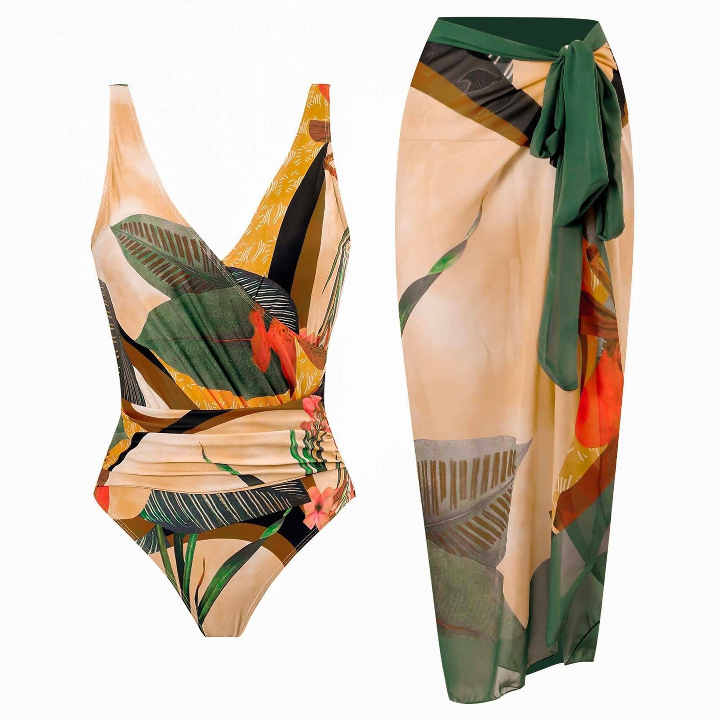 Maillot de bain une pièce à col en V froncé avec jupe paréo imprimée