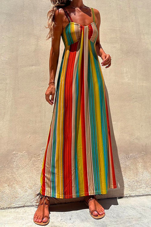 Maxikleid mit Spaghettiträgern, ärmellos, Schleifendetail und buntem Streifenmuster für den Urlaub