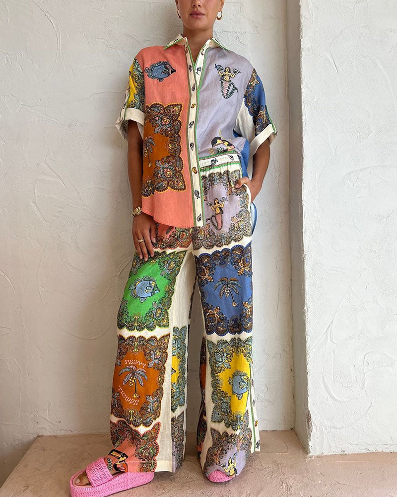 Casual tweedelige set met abstracte zeemeerminstiksels