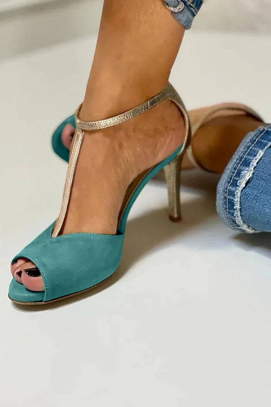 Graceful Buckle T-strap Green Colorblock Stiletto Heels