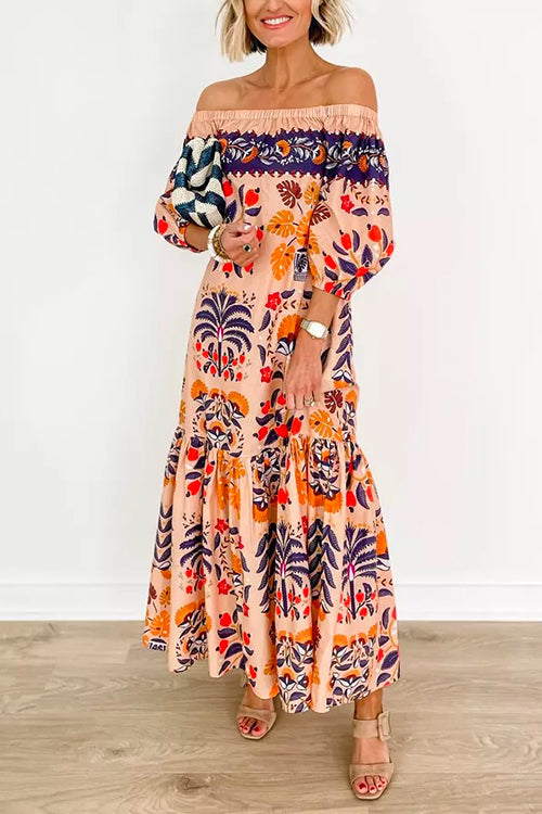 Vestido maxi con volantes, estampado, hombros descubiertos y mangas farol