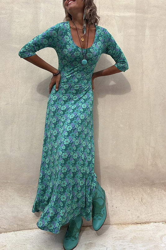 Bloemen halve mouw elastische maxi-jurk