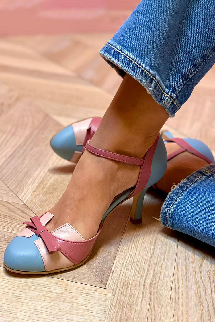 Tacones de aguja con tira al tobillo, puntera redonda cerrada, lazo y bloques de color