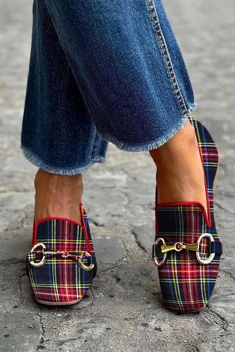 Metallic Schnallen-Dekor Kariert Quadratische Spitze Slip-On Rote Loafers