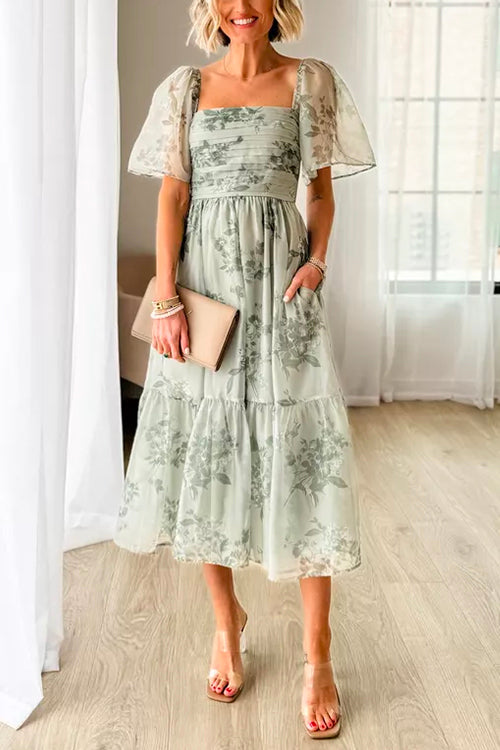 Quadratischer Ausschnitt Kurzarm Rüschiges Blumen-Midikleid