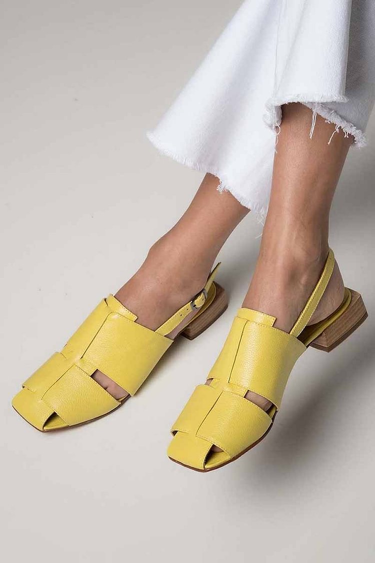 Chic Square Toe Solid Yellow Slingback Color Low Heels [Pre Order]