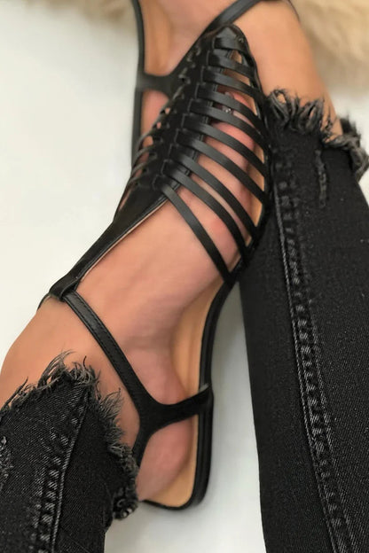 Casual Plain Hollow Out T-Strap Pointy Toe Black Sandals