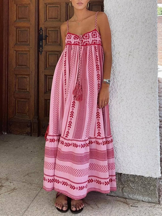 Ethnische stijl gehaakte patchwork gebreide slip maxi-jurk