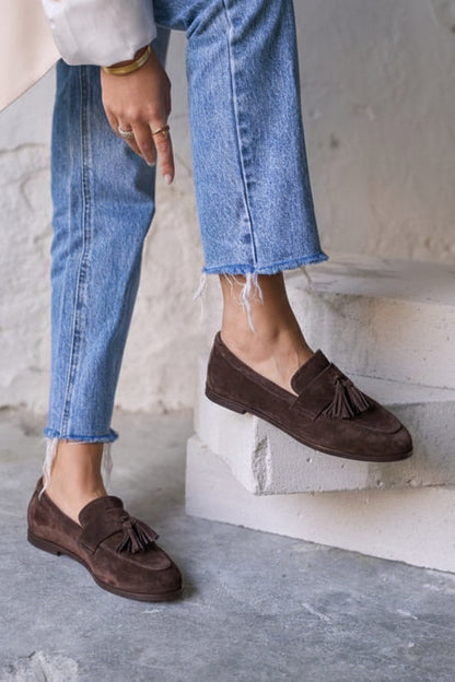 Dark Brown Faux Suede Tassel Detail Flat Loafers [Pre Order]