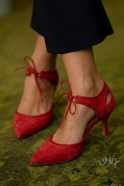 Pink Faux Suede Two-Tone Pointed Toe Bow Tie Kitten Heels