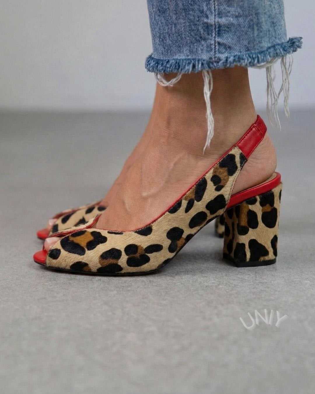 Leopard Print Peep Toe Slingback Red Trim Block Heels