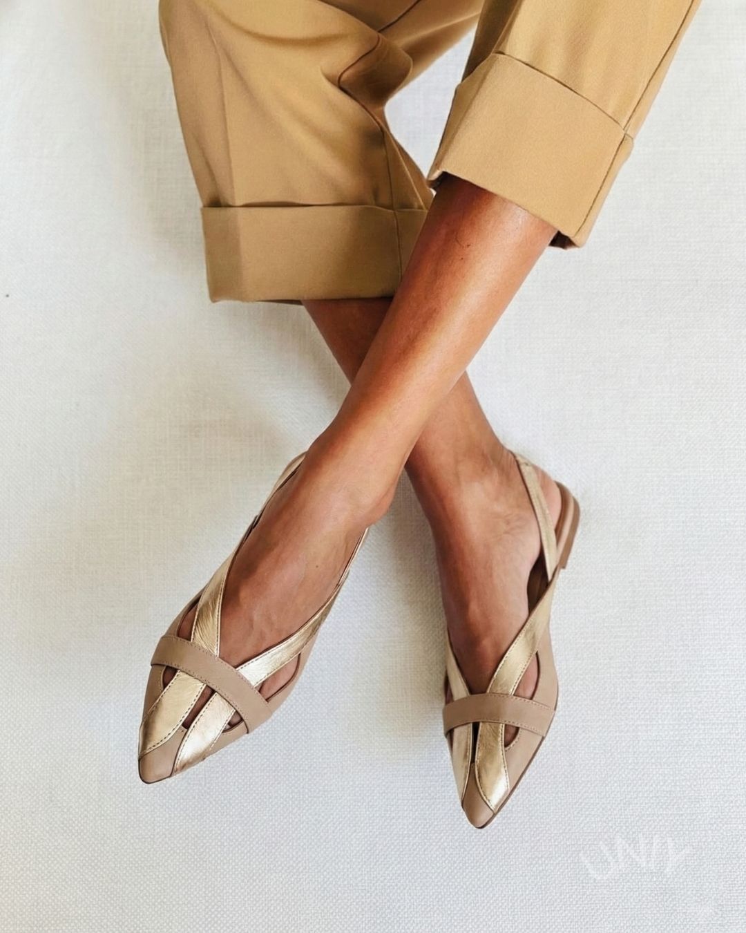Chic Gold Pointed Toe Slingback Color Block Ballet Flats