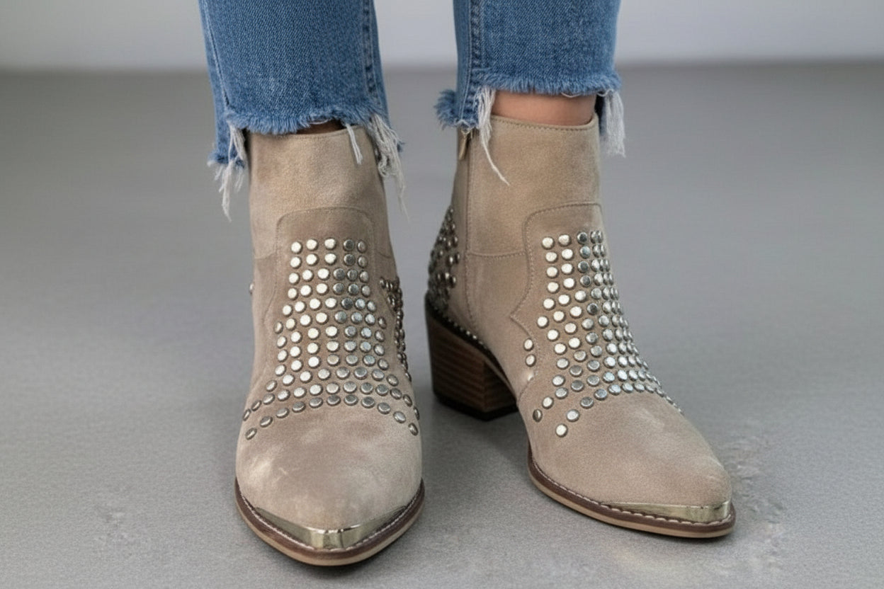 Grey Faux Suede Studded Pointed Toe Block Heel Ankle Boots