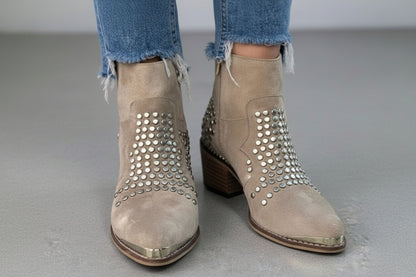 Grey Faux Suede Studded Pointed Toe Block Heel Ankle Boots