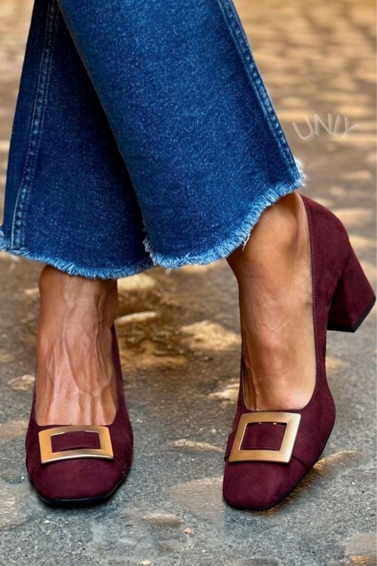 Patchwork Metal Decor Square Toe Navy Chunky Heels