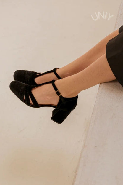Hollow Out T-Strap Buckle Velvet Chunky Heels