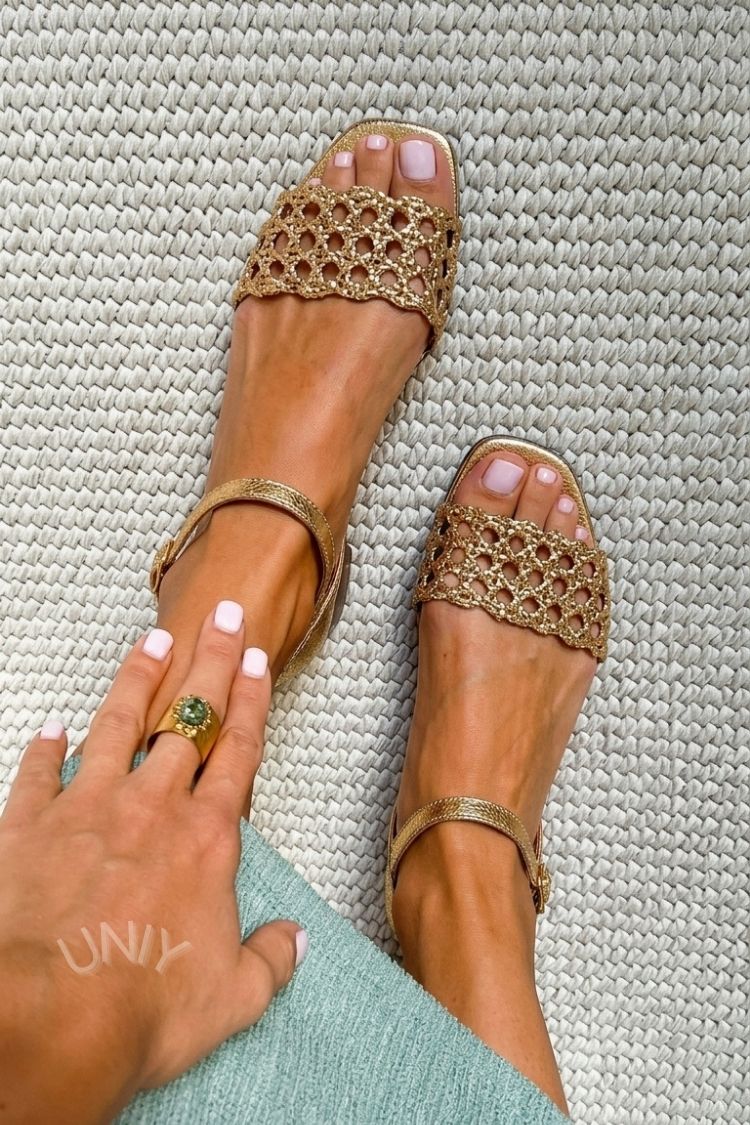 Chic Gold Metallic Woven Square Toe Flat Sandals [Pre Order]