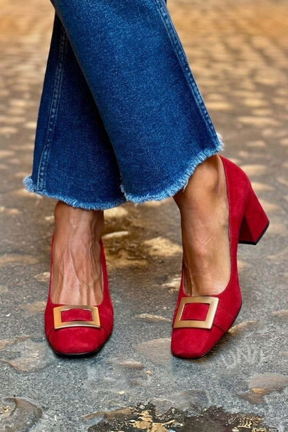 Patchwork Metal Decor Square Toe Navy Chunky Heels