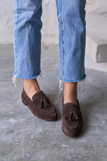 Dark Brown Faux Suede Tassel Detail Flat Loafers [Pre Order]