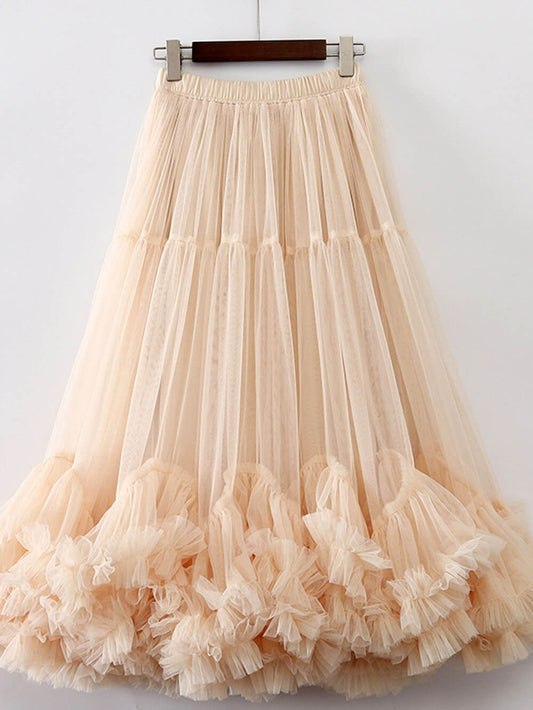 Elegante tule stretch taille geplooide paneel maxi-rok