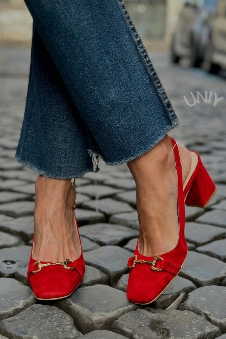 Olive Suede Slingback Bit Detail Block Heels