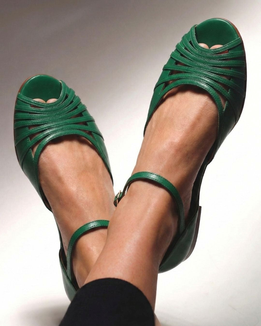 Green Woven Strap Peep Toe Ankle Strap Flat Sandals [Pre Order]