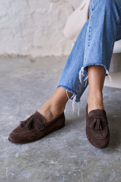 Dark Brown Faux Suede Tassel Detail Flat Loafers [Pre Order]